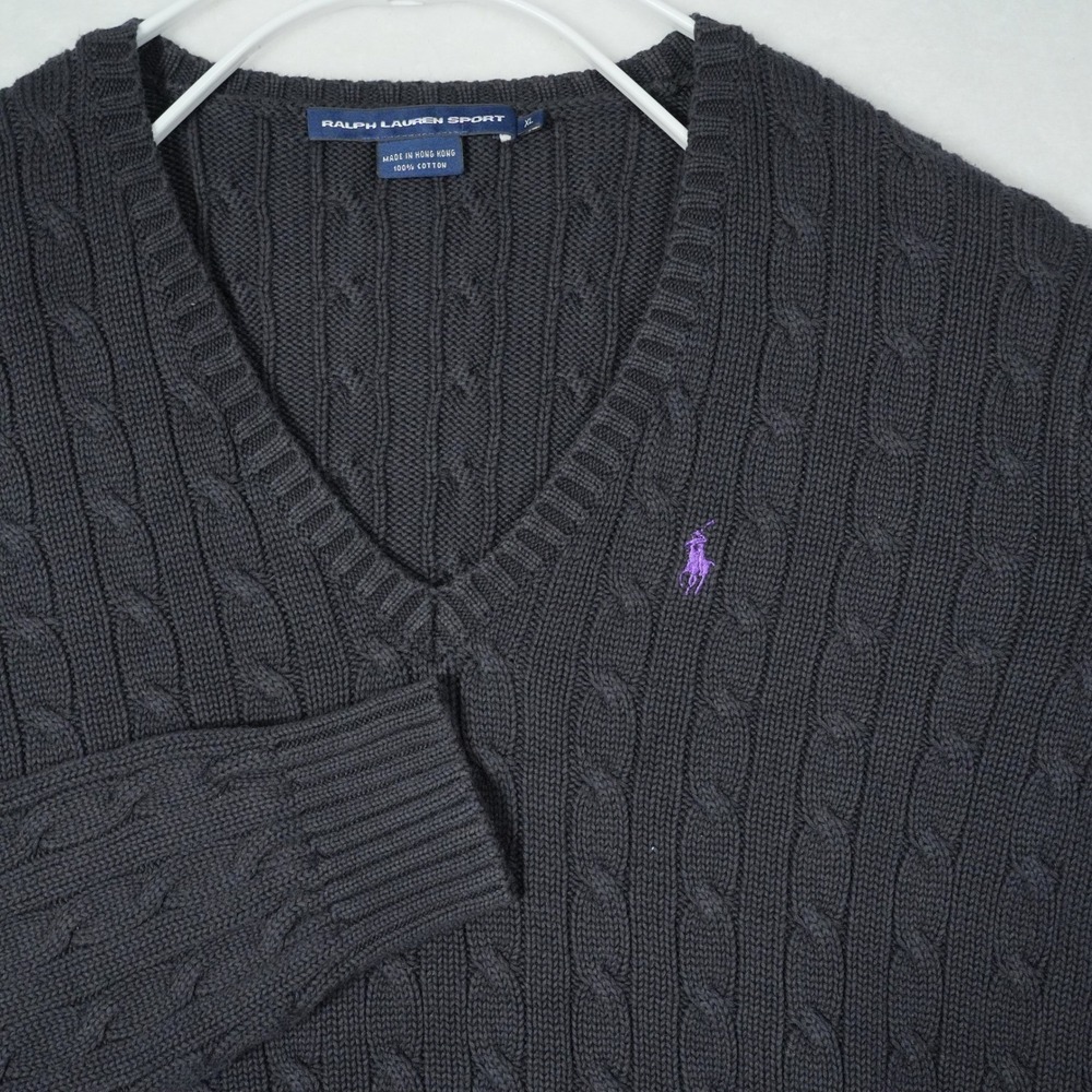Ralph Lauren Sport Mens Size XL Black Cable‎ Knit V-Neck Sweater Purple Pony